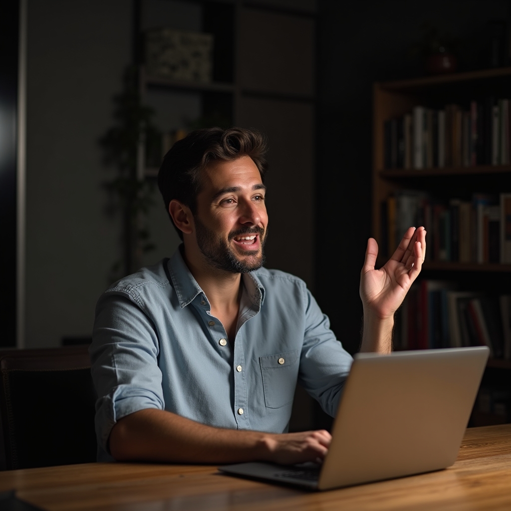 Dva účastníci online semináře nacvičují elevator pitch ve videohovoru, jeden gestikuluje při vysvětlování