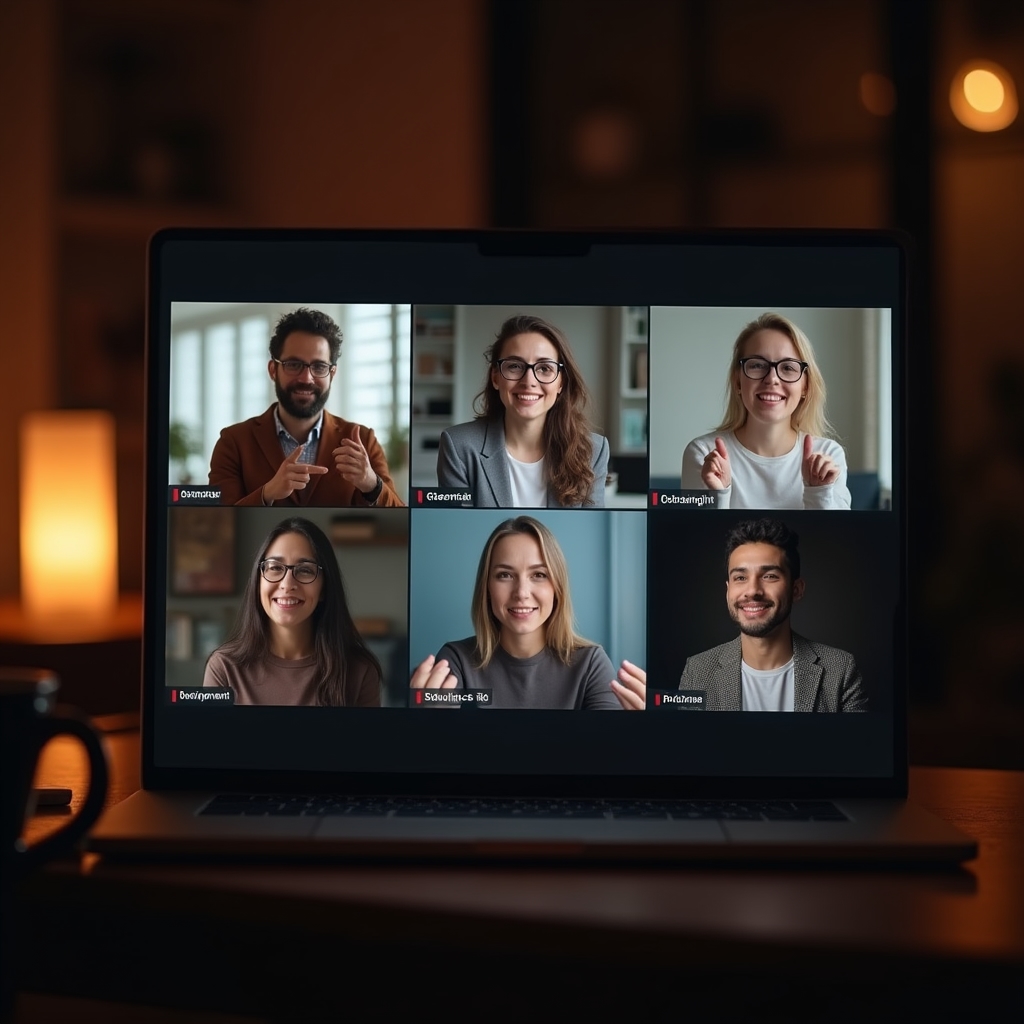 Skupina účastníků online semináře sleduje sdílenou obrazovku s upravovaným textem během večerního videohovoru