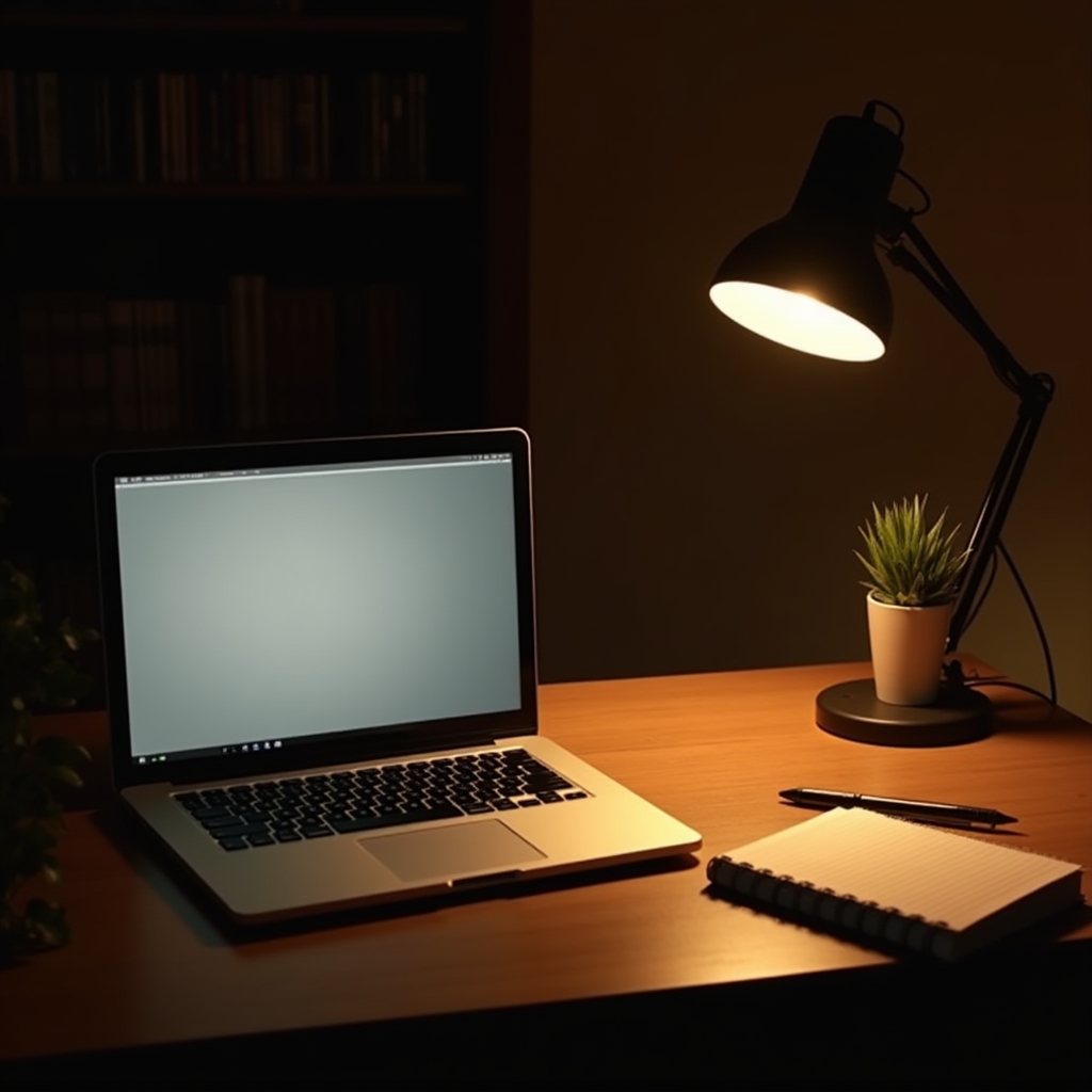 Uspořádaný domácí pracovní stůl s notebookem, poznámkovým blokem a hrnkem kávy připravený na večerní online seminář