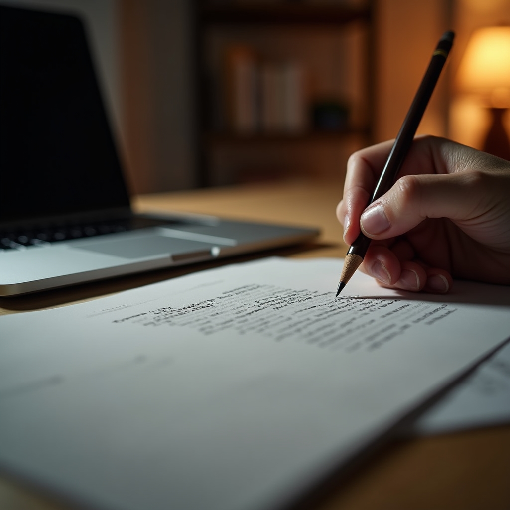 Ruka označuje tužkou nadbytečné pasáže ve vytištěném textu položeném vedle notebooku